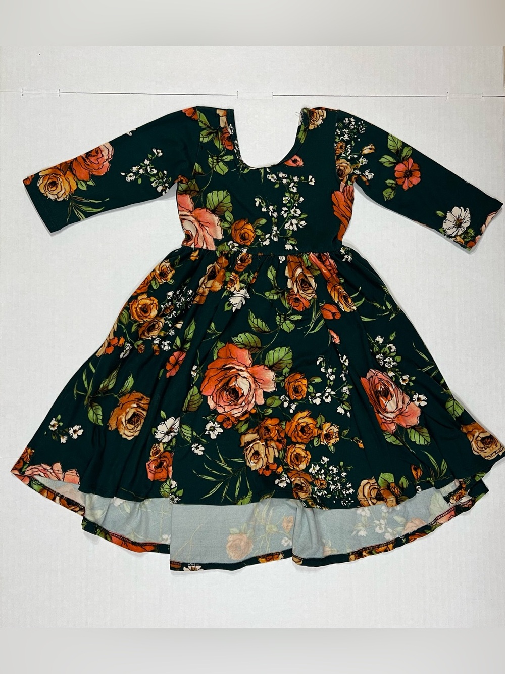 Girls Dark Green Floral Long Sleeve Twirl Dress